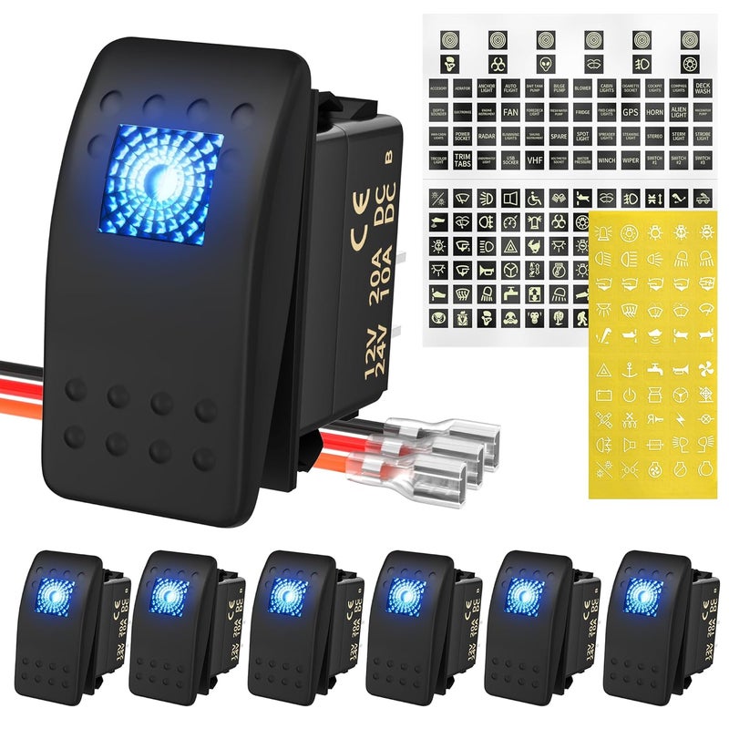 DAIERTEK Marine Boat Rocker Switch 12V, Lighted Blue LED Waterproof Rocker Switch 12 Volt for UTV RZR SPST 3 Pin ON/Off 20A Heavy Duty with Night Glow Sticker - Image 1